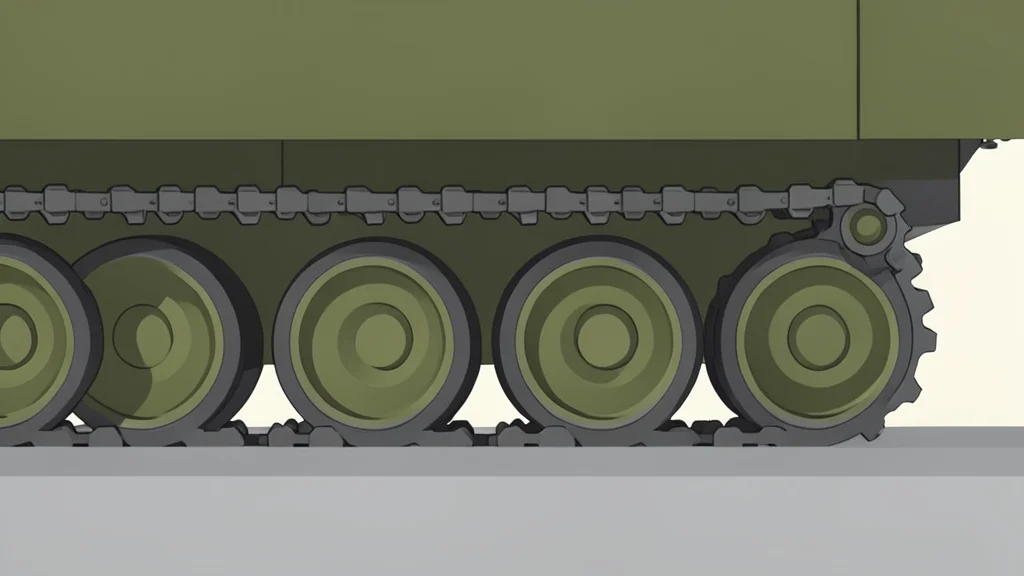 A row of heavy armored tanks parked on a paved military base