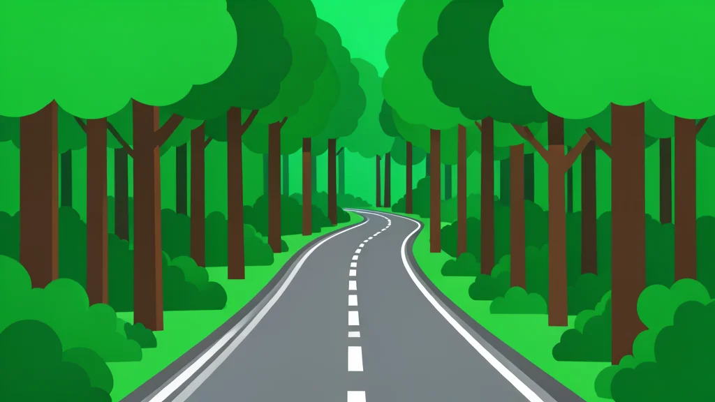 A winding road with white lane markings curving through a dense forest of tall green trees