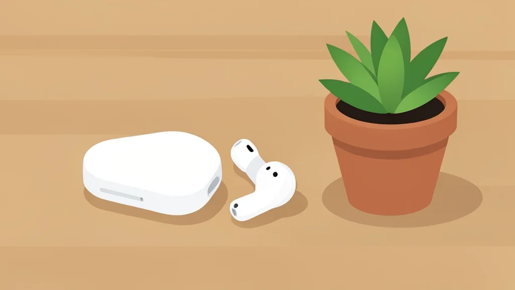 A pair of wireless earbuds resting on a wooden surface next to a small potted plant