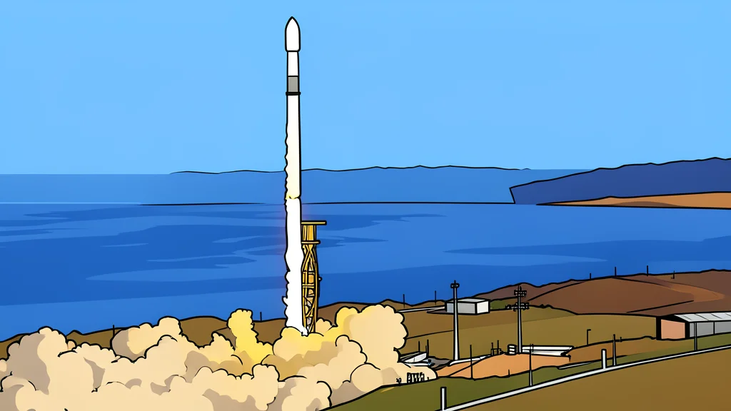 A white rocket standing vertically on a concrete launch pad at dusk, with a dark sky and distant stars visible.
