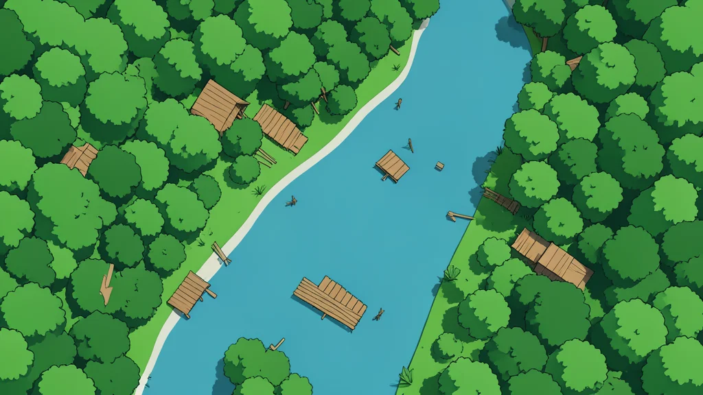 Aerial view of a river valley with scattered wooden structures and dense green forest