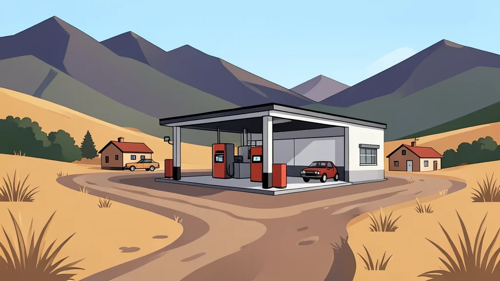 A rural village fuel station surrounded by dry grass and dirt roads in a mountainous region.