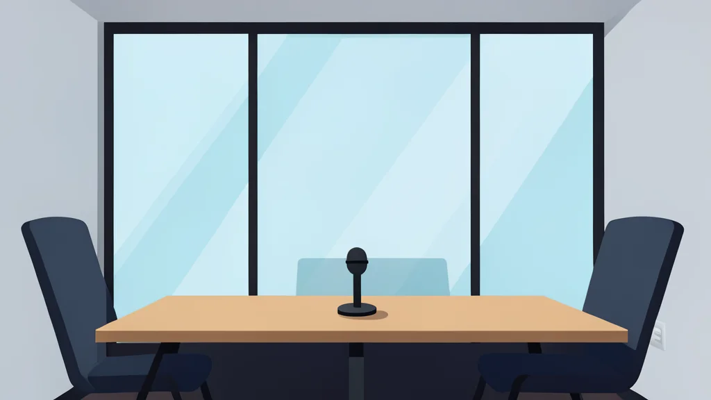 A sleek modern video conference room with a large glass wall and a single microphone on a table