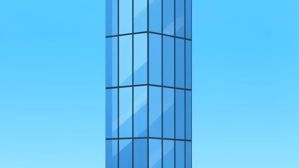 A modern glass skyscraper facade reflecting a clear blue sky