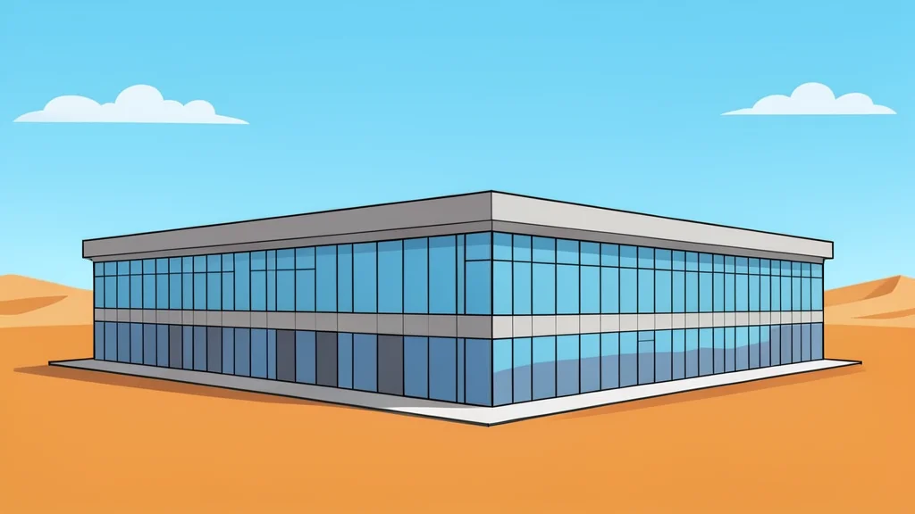 A large, modern server building with a flat roof and glass facade stands in a desert landscape under a clear sky.
