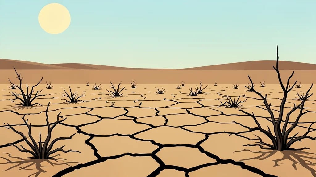 A dry, cracked earth landscape with sparse, withered vegetation under a harsh sun