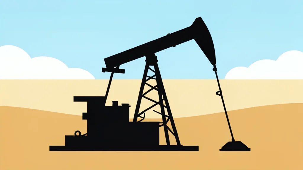 A mechanical pump jack silhouette against a flat desert horizon