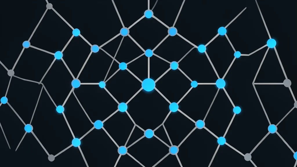 A complex lattice of glowing blue nodes connected by thin silver wires, forming a hexagonal grid pattern on a dark background.