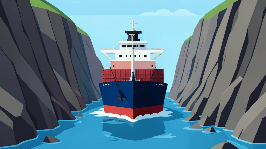 A large cargo ship navigating through a narrow, rocky strait with steep cliffs on either side