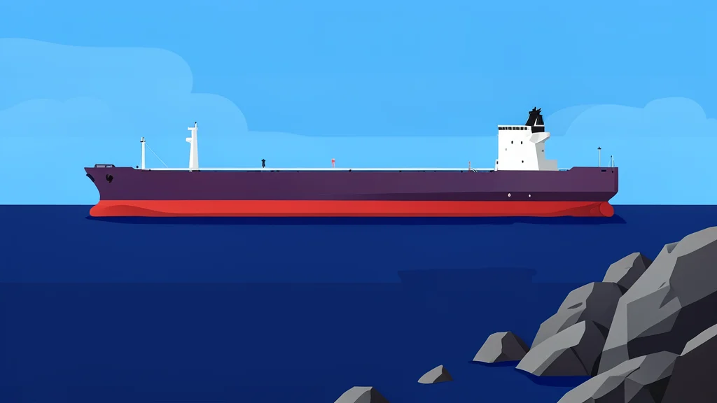 A large oil tanker floating on dark blue water near a rocky coastline