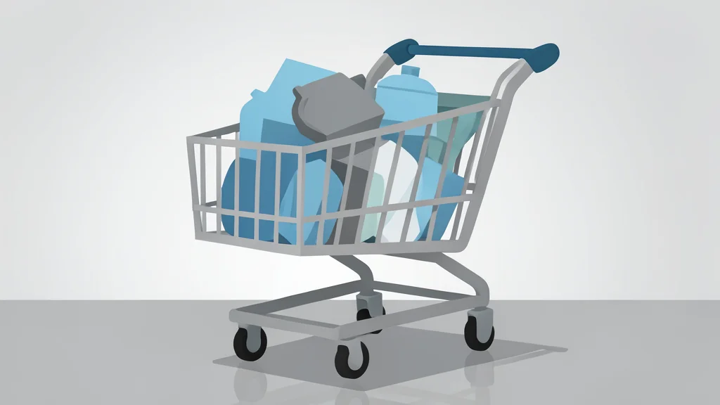 A modern shopping cart filled with generic household goods standing on a polished concrete floor