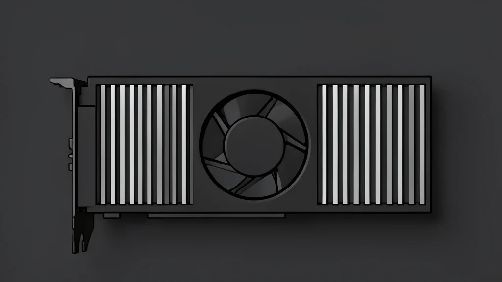 A sleek black graphics card with a visible fan and metallic heatsink fins resting on a dark surface