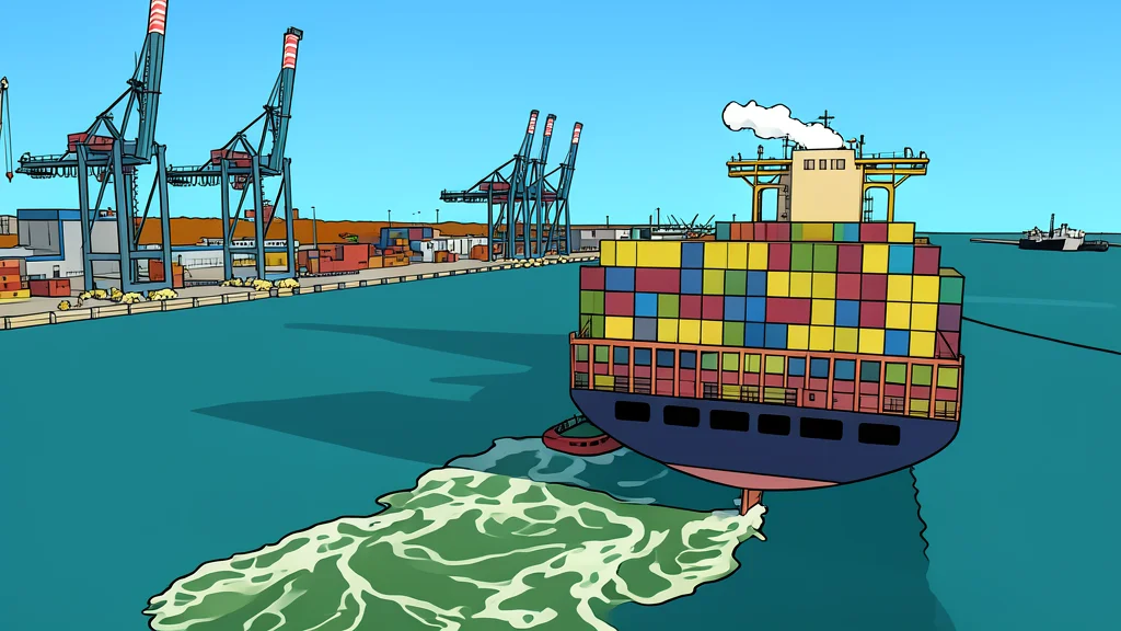 A stylized vector illustration of a large industrial harbor with cranes and a dock extending into the sea.