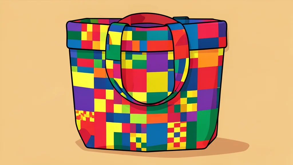 A neatly arranged collection of colorful woven fabric handbags and travel accessories on a wooden shelf