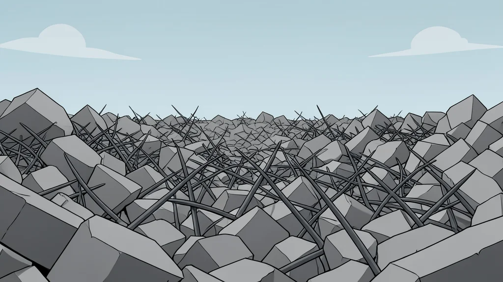 A vast expanse of grey concrete rubble and twisted rebar under a hazy sky