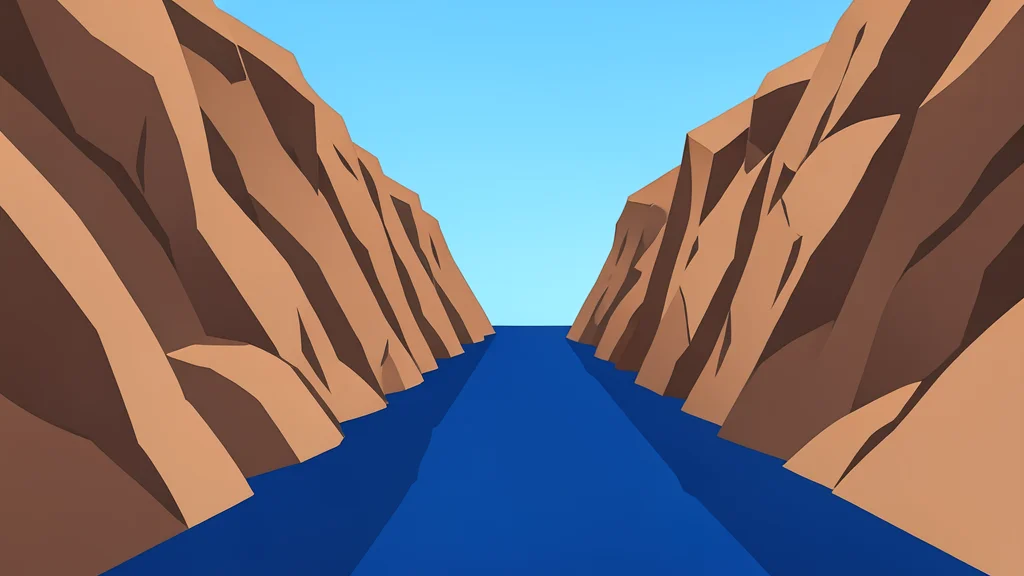 A narrow, deep blue waterway flanked by steep, arid rocky cliffs under a clear sky
