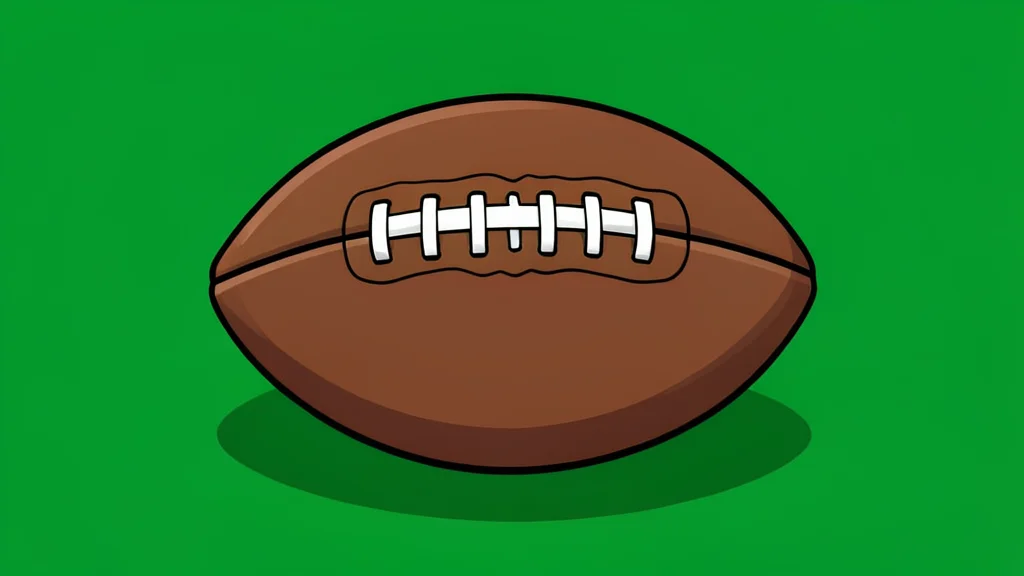 A green grass football field with white yard lines and a brown leather football resting on the turf