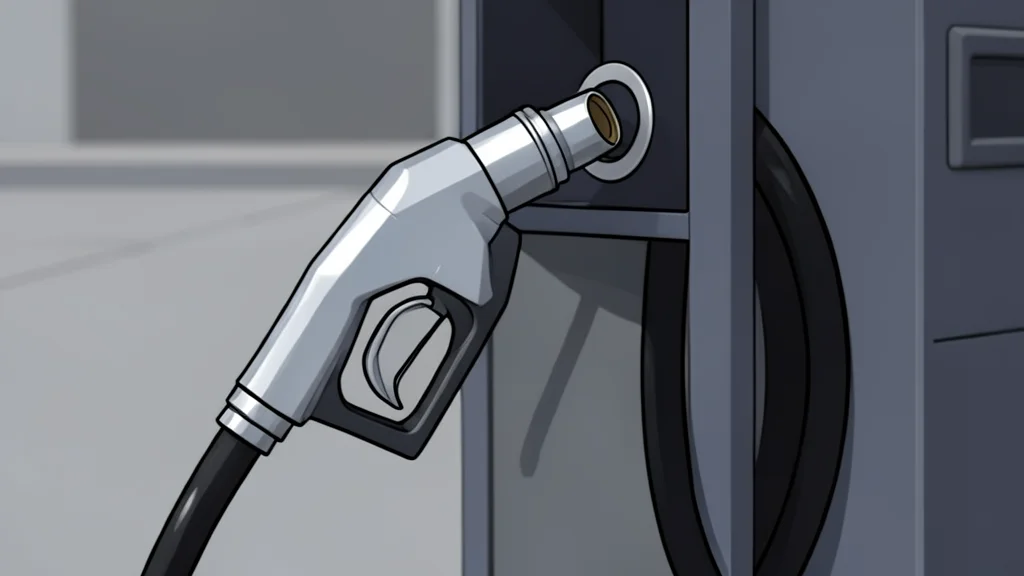 A gas pump nozzle resting on a concrete surface