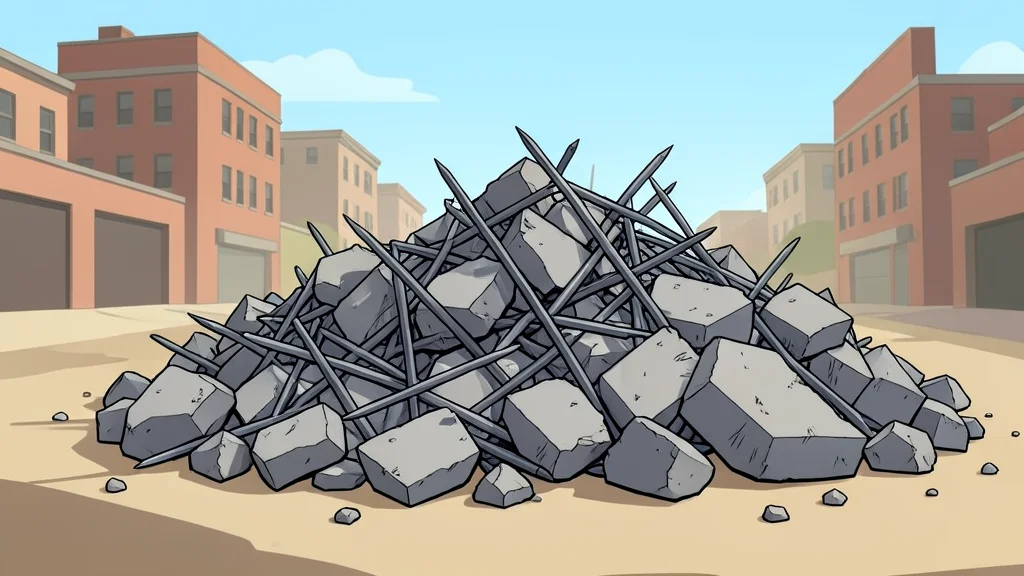 A pile of broken concrete rubble and twisted rebar in a dusty, sunlit urban landscape