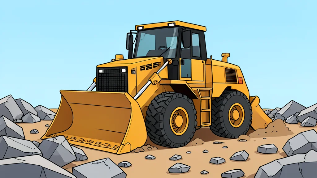 A heavy construction bulldozer parked on a field of broken concrete rubble and dust