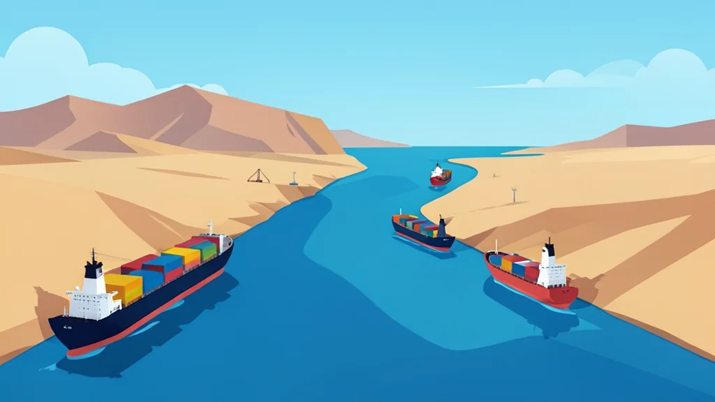A wide view of the Bab al-Mandeb Strait with cargo ships navigating the narrow waterway between the Arabian Peninsula and the Horn of Africa
