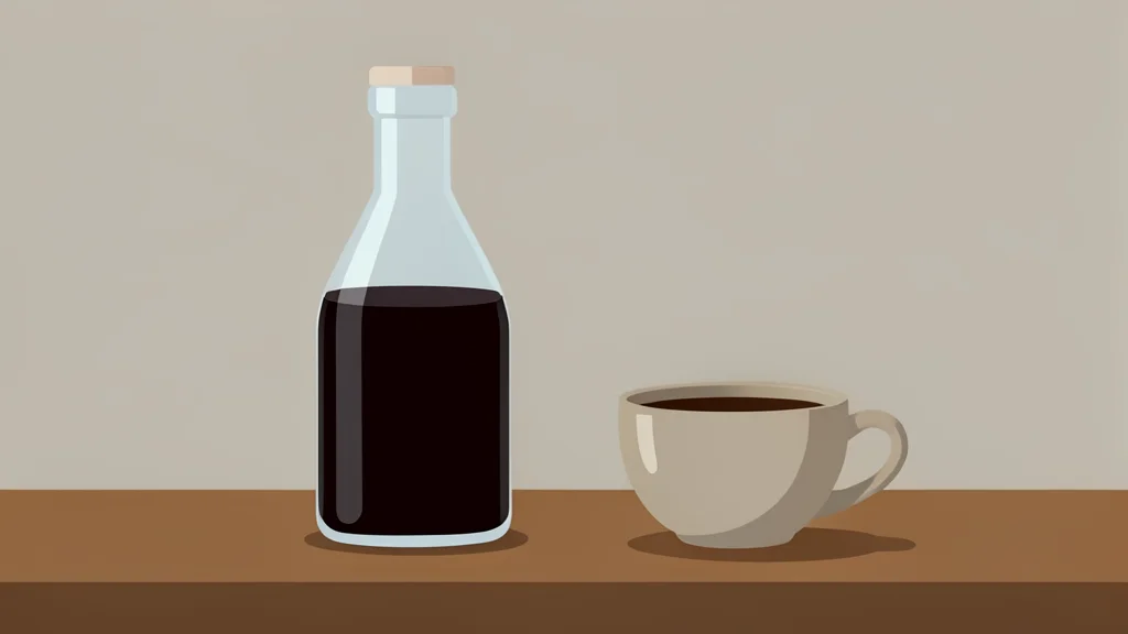 A glass bottle with dark carbonated liquid and a ceramic coffee cup on a wooden table