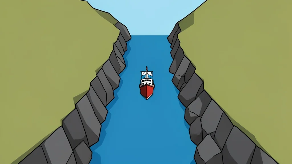 A narrow, rocky strait connecting two large landmasses with a single ship navigating through the channel