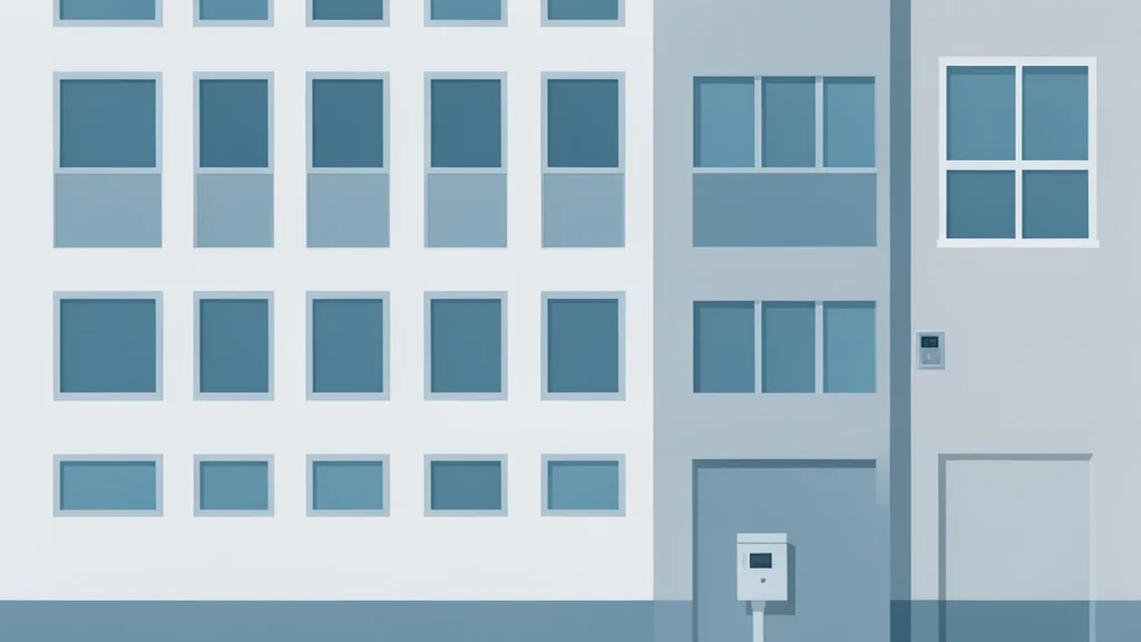 A residential apartment building exterior with visible windows and a utility meter box on the wall.