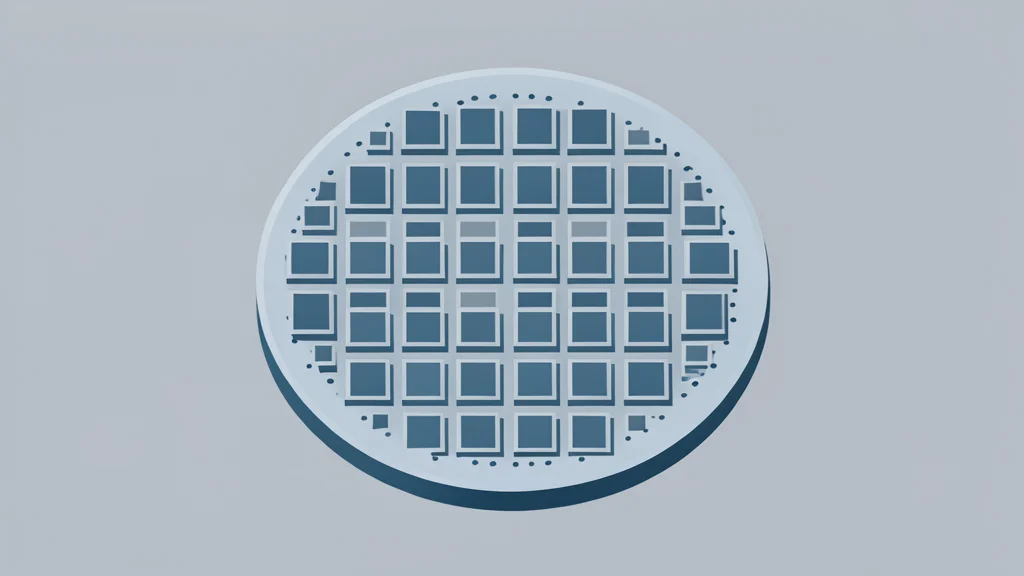 A close-up view of a silicon wafer with a grid of square chips, resting on a clean laboratory bench.