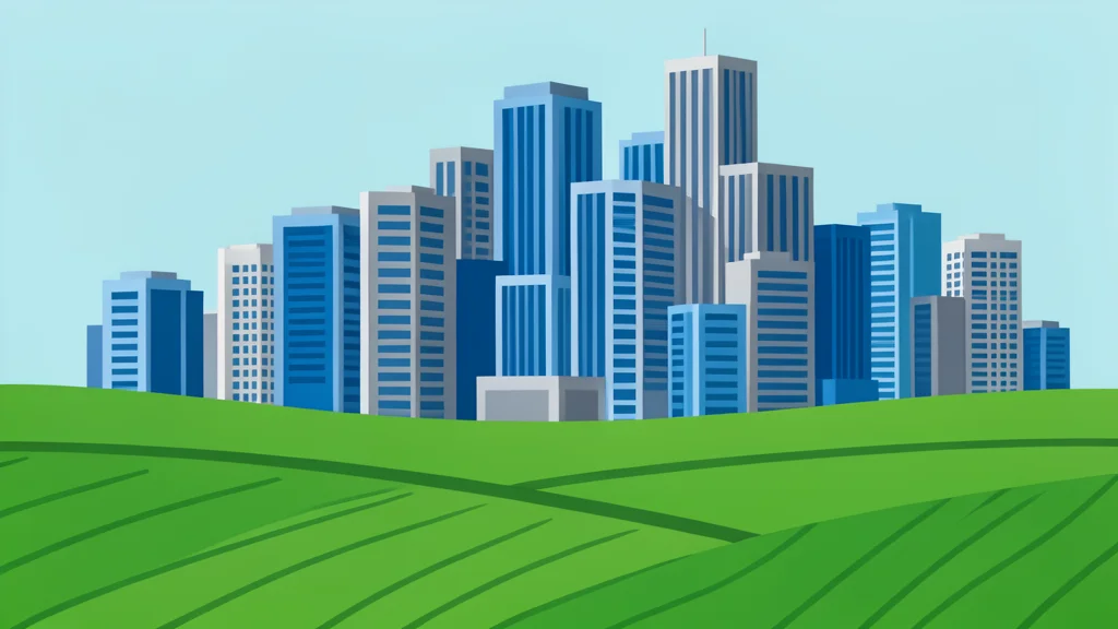 A dense cluster of modern high-rise buildings rising from a flat, green agricultural landscape