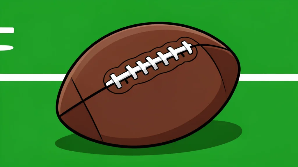 A green football field with white yard lines and a brown leather football resting on the grass