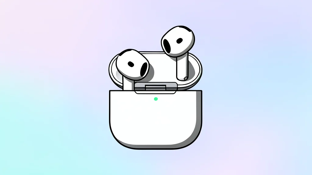 A pair of white wireless earbuds resting on a smooth, light-colored surface