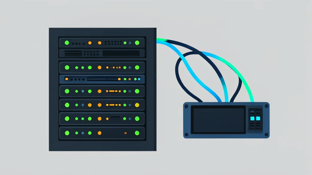 A rack of server towers with blinking status lights and a network switch with glowing fiber optic cables
