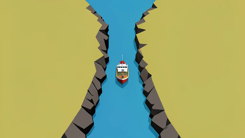 A flat vector illustration of a narrow, rocky strait connecting two landmasses with a single ship navigating the channel.