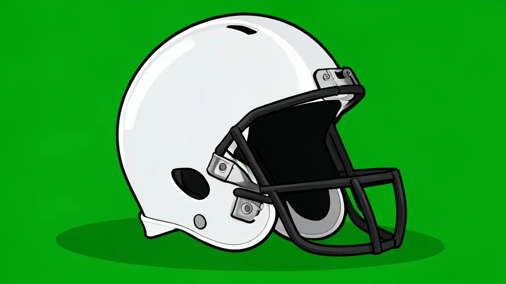A green football field with white yard lines and a brown leather football resting on the grass