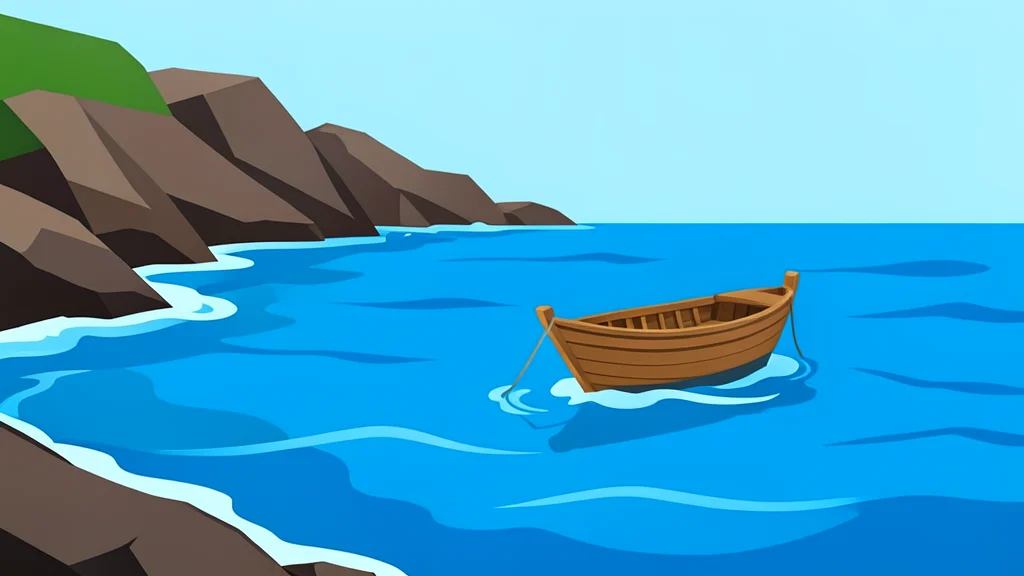A small wooden boat floating on choppy blue sea water near a rocky coastline