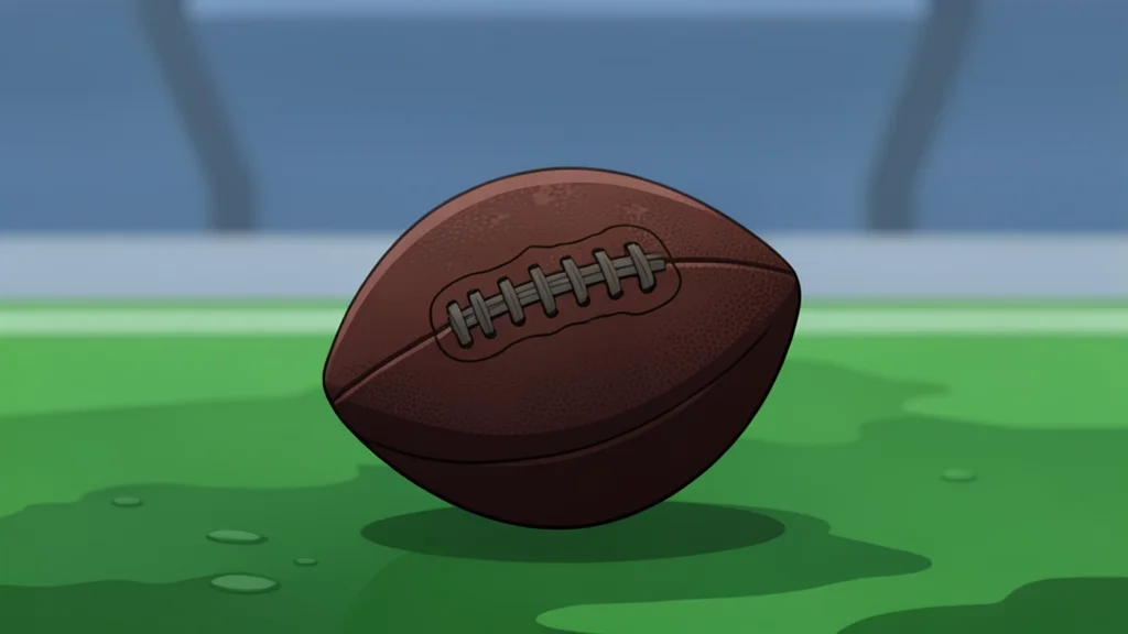 A football resting on the grass of a stadium field