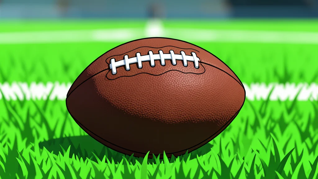 A green football field with white yard lines and a brown leather football resting on the grass