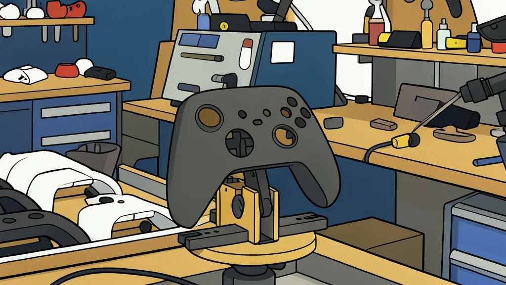 A wireless game controller with a textured grip and a protective carrying case resting on a wooden desk
