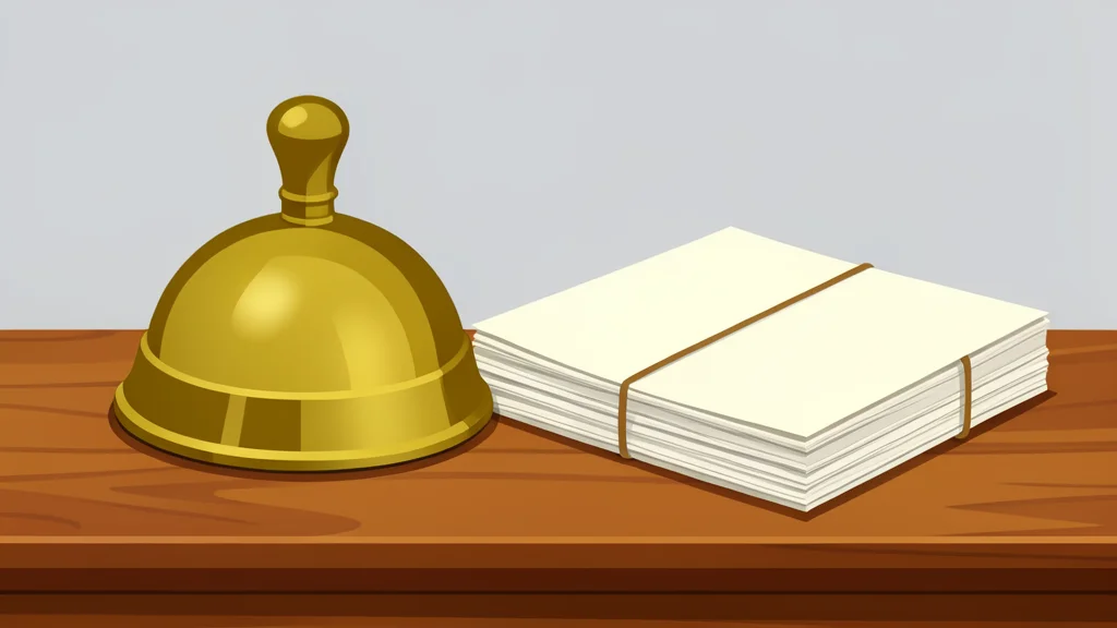 A wooden trading desk with a brass bell and a stack of paper ledgers