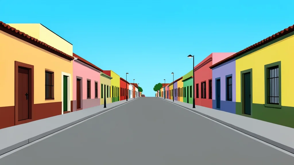 A wide, empty city street in a Mexican town with buildings on either side and a clear sky above