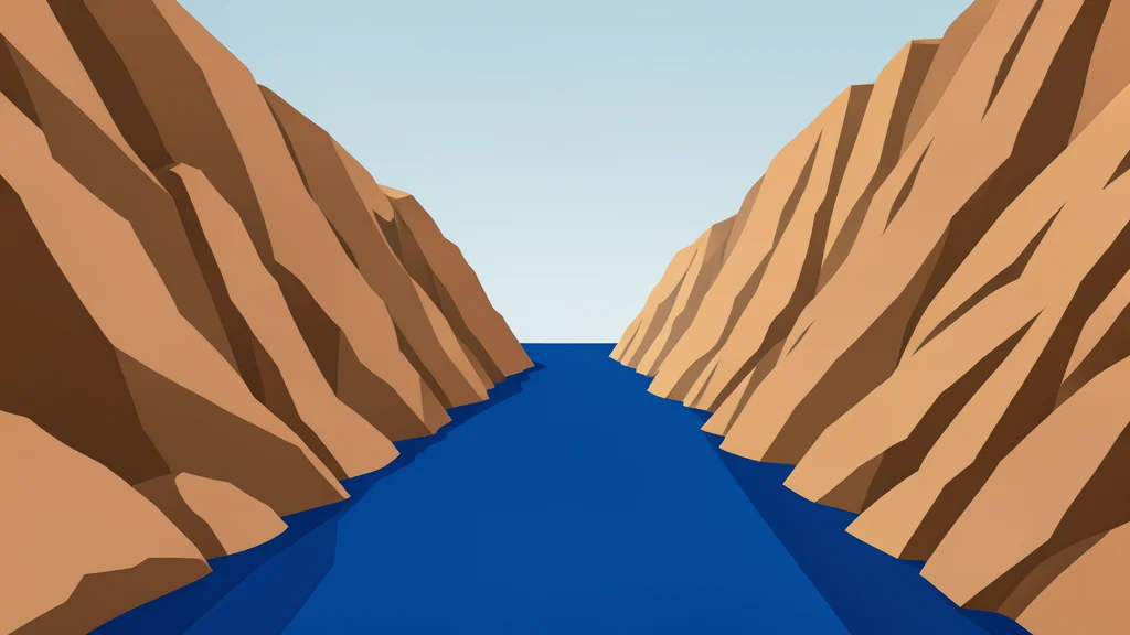 A narrow, deep blue waterway flanked by steep, arid rocky cliffs under a hazy sky