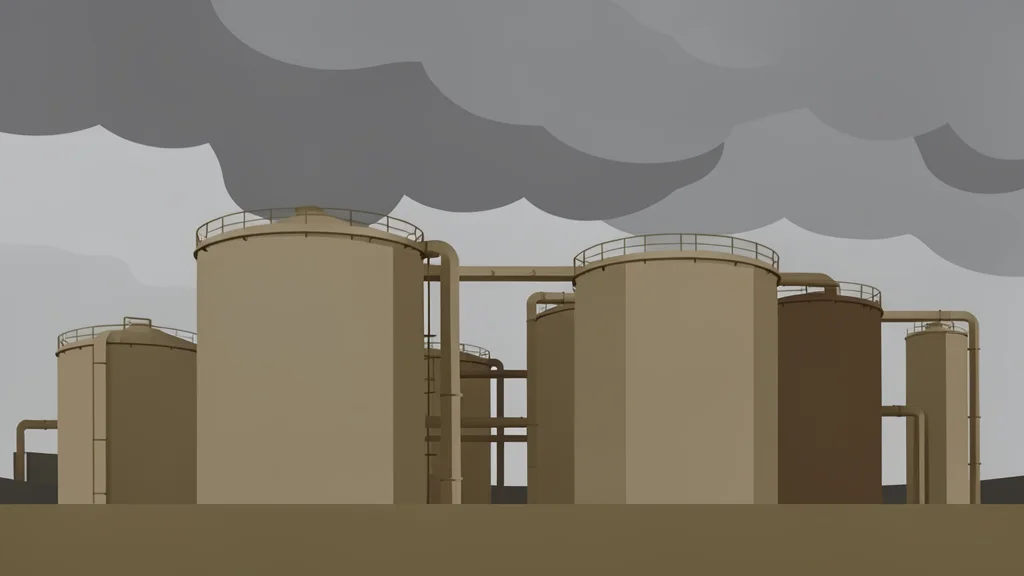 A cluster of industrial oil storage tanks and pipelines under a cloudy sky