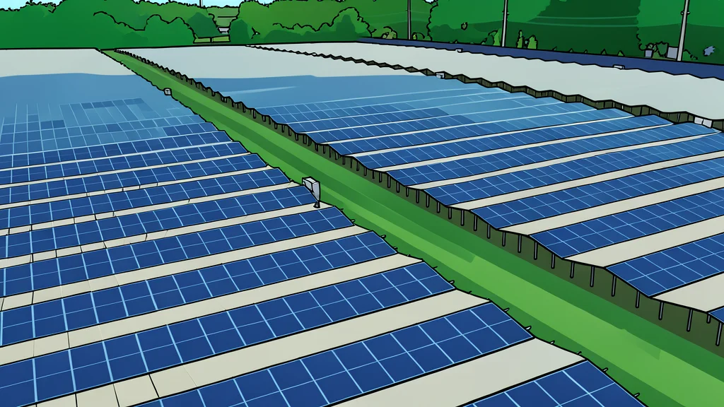 A field of solar panels arranged in a dense grid on rolling terrain