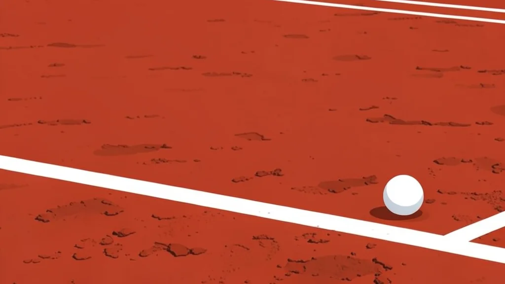 A red clay tennis court with white boundary lines and a net stretched across the center