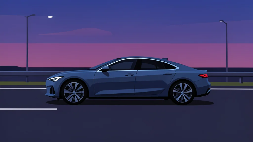 A sleek electric sedan driving on a highway at dusk