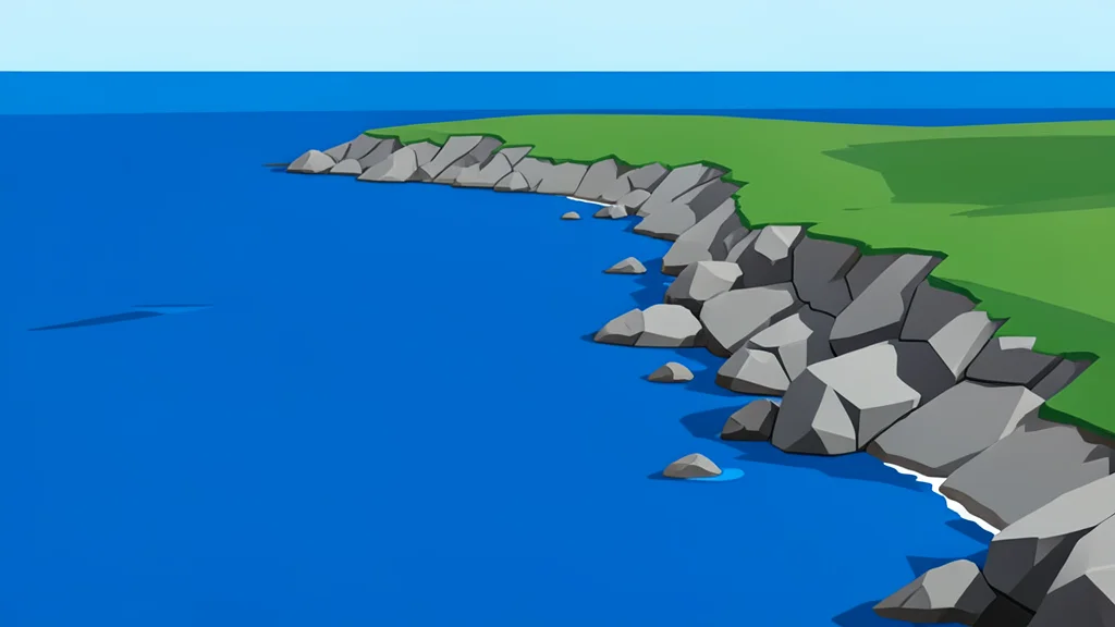A rocky island coastline meeting deep blue sea water near a narrow strait
