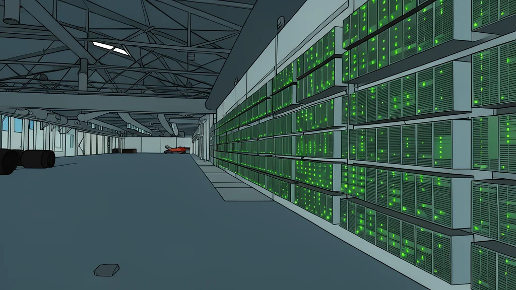 A cluster of black server racks with glowing green lights in a dim concrete room.