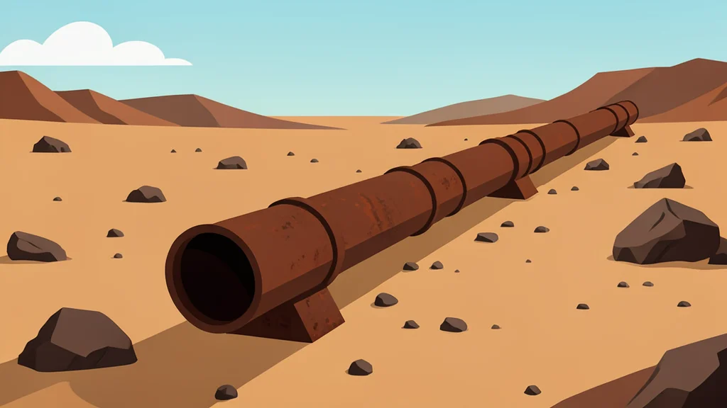 A long, rusted steel pipeline running through a dry, rocky desert landscape