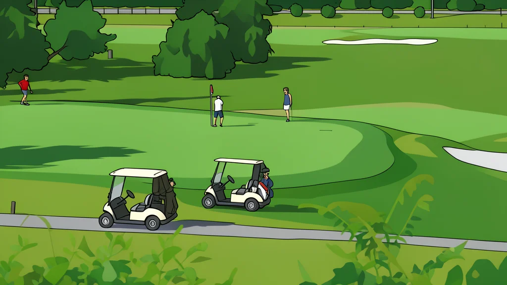 A lush green golf course fairway with sand bunkers and pine trees in the background